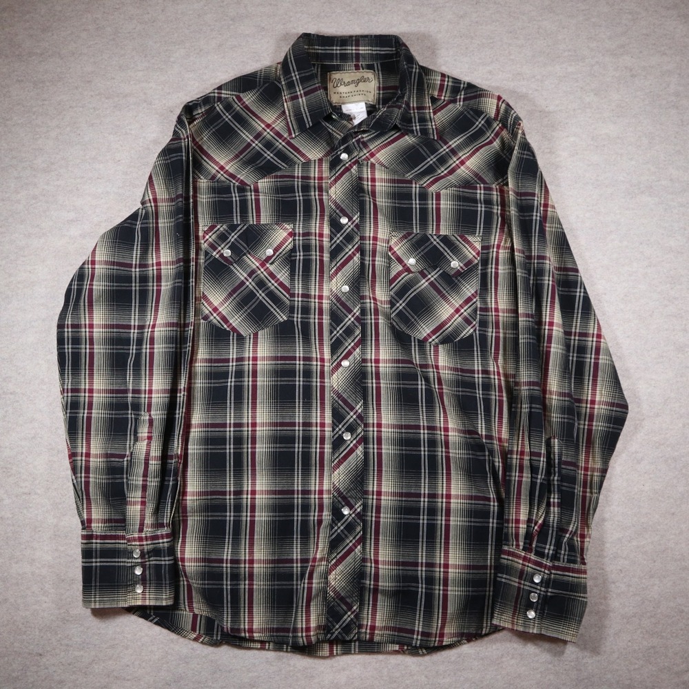 Wrangler Western Snap Shirt Mens Large Plaid Black Red Pearl Snap Workwear Y2K